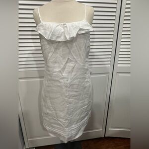 Ann Taylor LOFT Women's Sz 6 Dress White Linen Ruffle Neck Pleated Hem Lined NWT